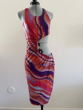 Cut Out Bodycon Mini Dress Marble Print Orange Pink Club Party Dress Small